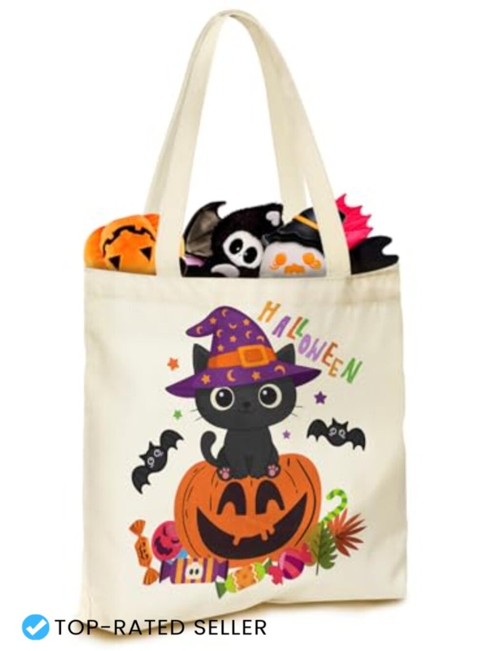 Halloween Canvas Tote Bag for Kids - Reusable Trick or Treat Candy Bag